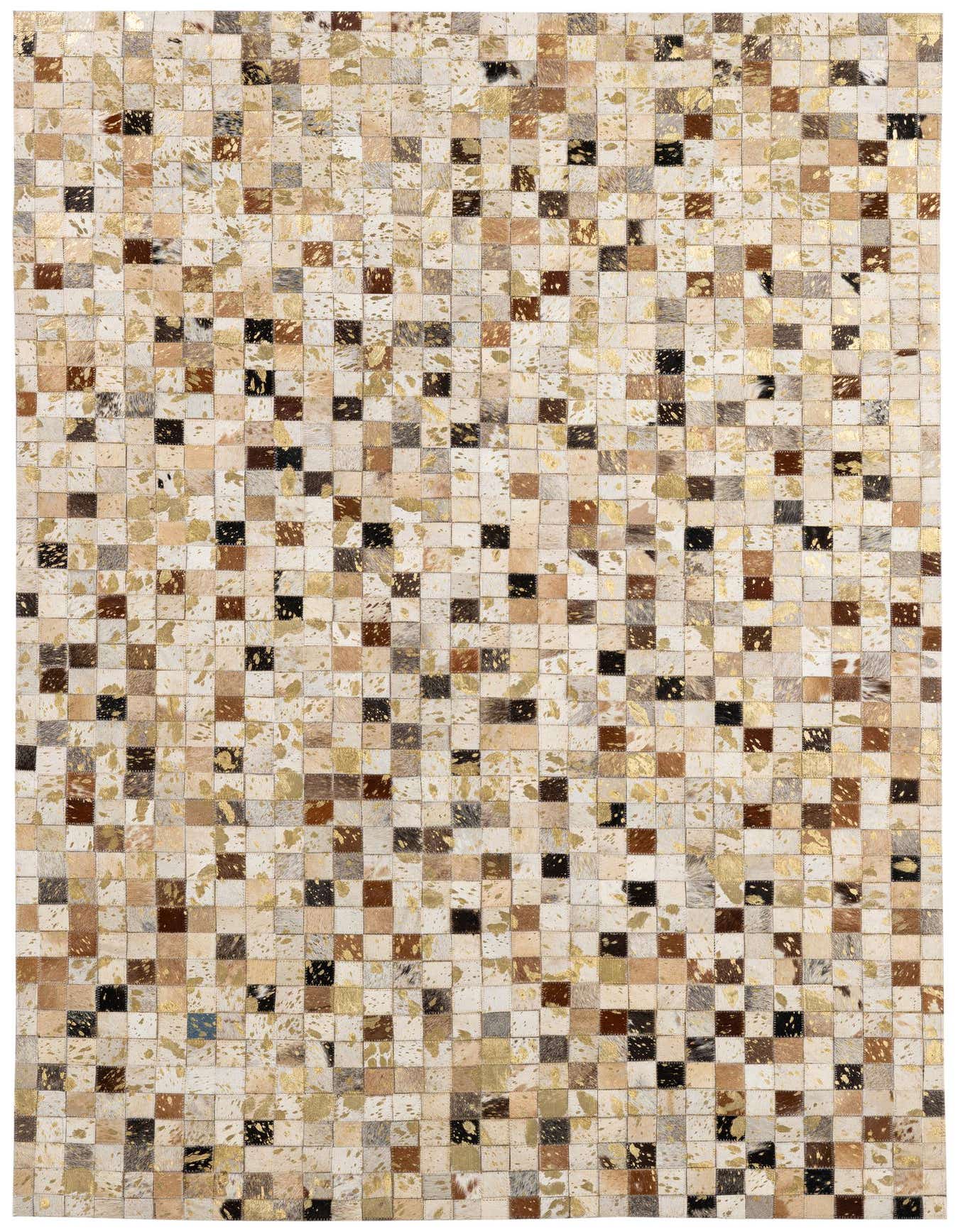 A 4x6 rectangular patchwork cowhide rug featuring small squares in varying shades of brown, white, black, and gold metallic accents.