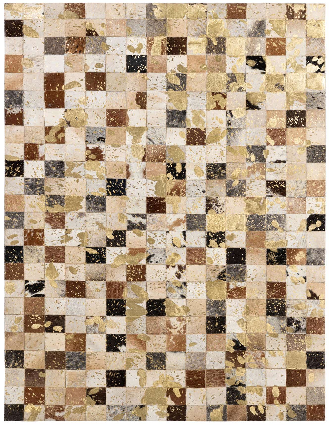A 4x6 rectangular patchwork cowhide rug with multi-colored squares, some featuring metallic gold splatter accents, suitable for a modern living room.