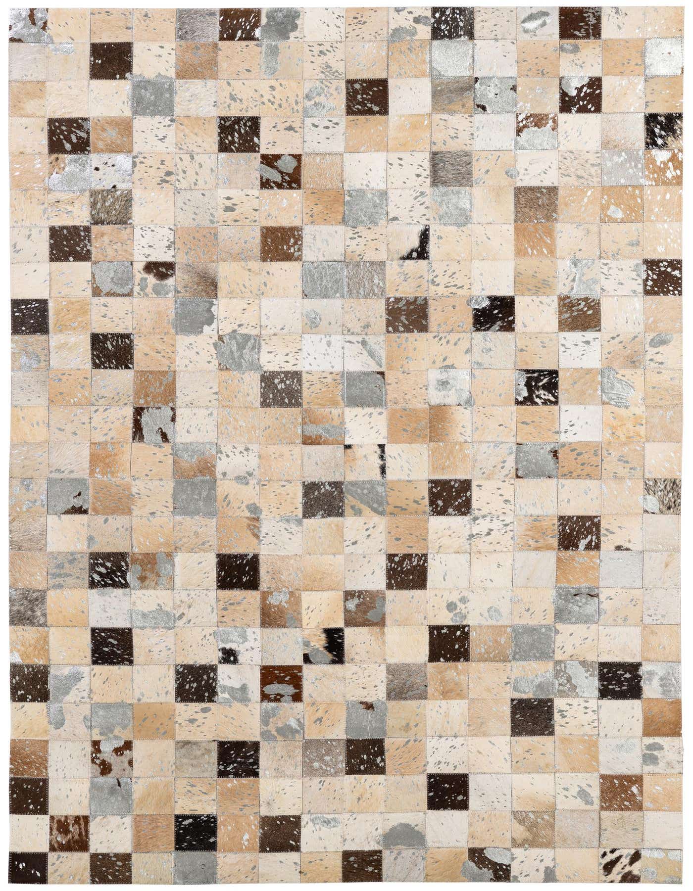 A 4x6 rectangular patchwork cowhide rug featuring squares of natural browns, creams, grays, and black, some with metallic silver speckles.