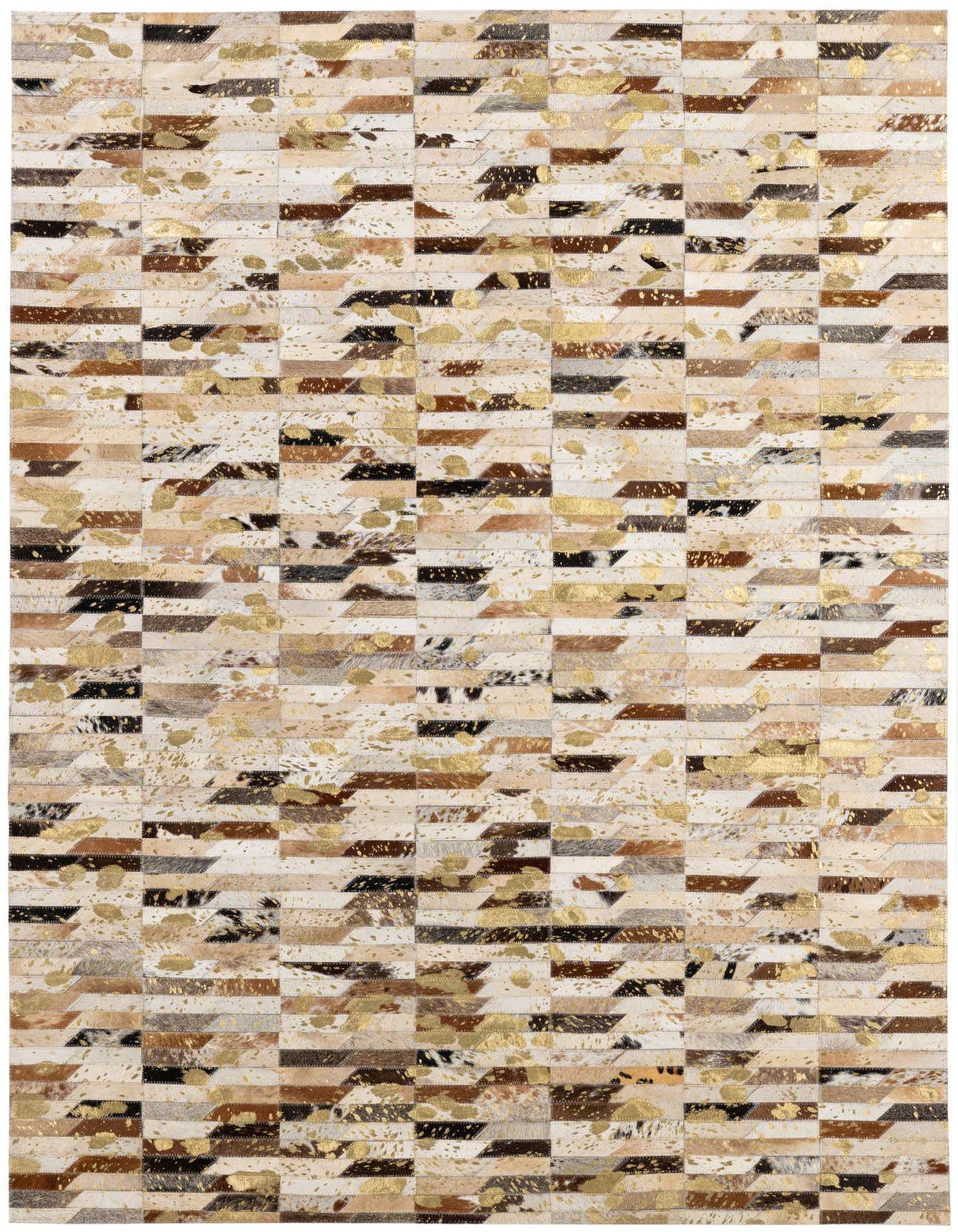 A 4x6 rectangular patchwork cowhide rug featuring a modern geometric pattern in multi-colored natural hides with metallic gold accents.