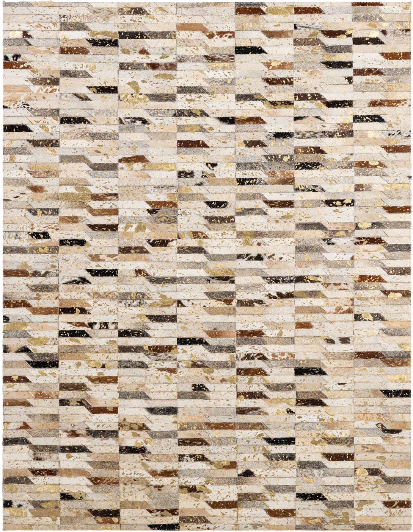 A rectangular 4x6 multi-colored cowhide rug with a modern stripe patchwork pattern, featuring natural browns, creams, and metallic gold accents.