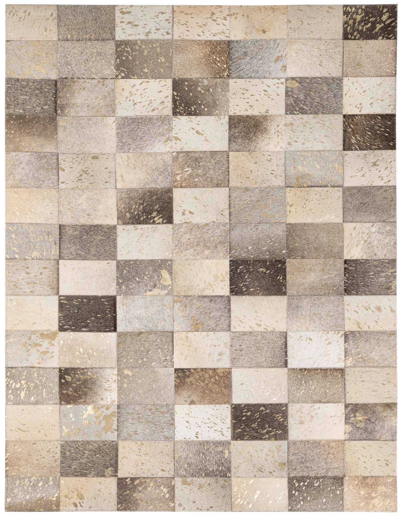 A 4x6 rectangular patchwork cowhide rug featuring a modern design with multi-colored squares, some speckled with gold.