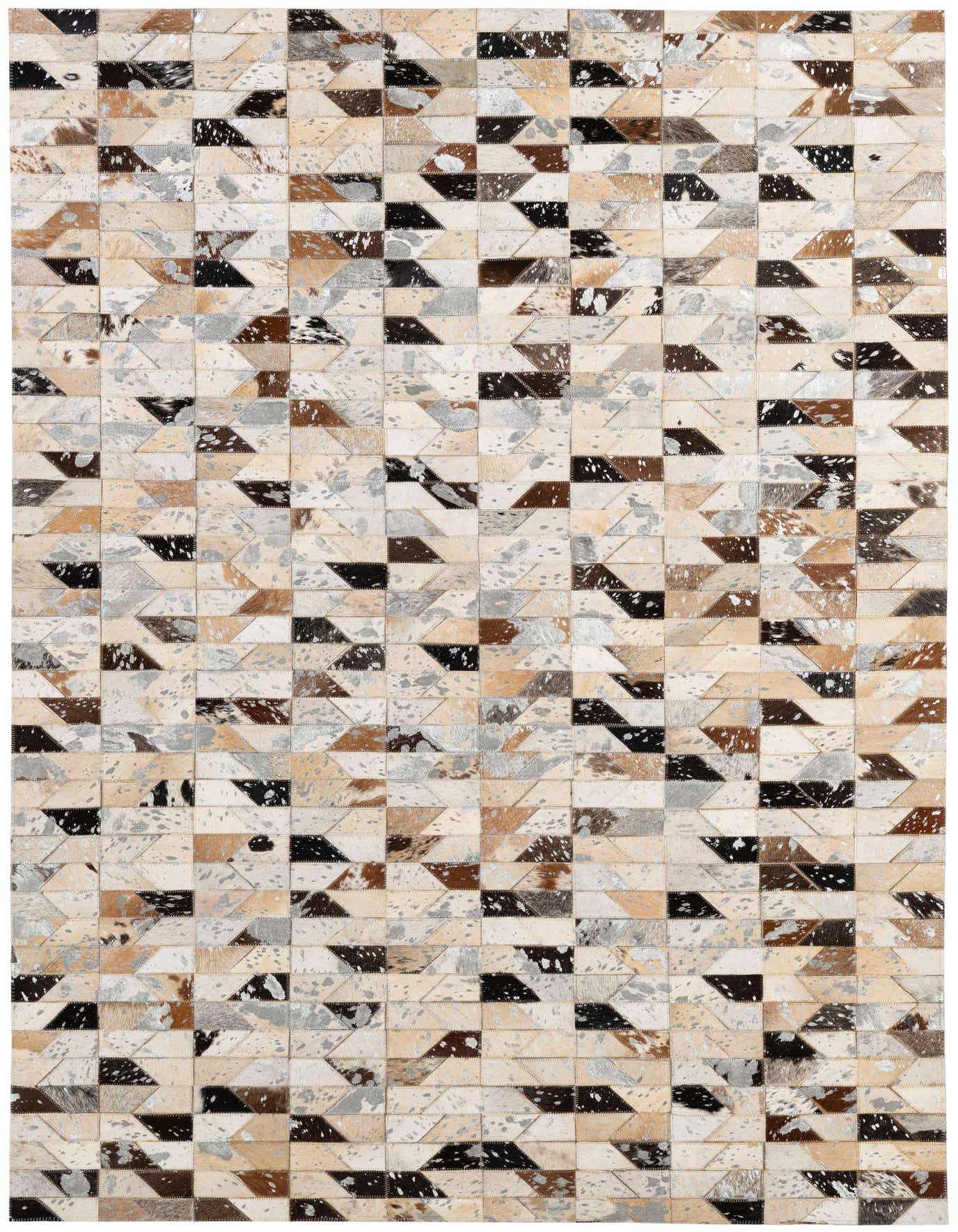 A 4x6 rectangular patchwork cowhide rug featuring a modern geometric pattern in multi-colored natural tones.