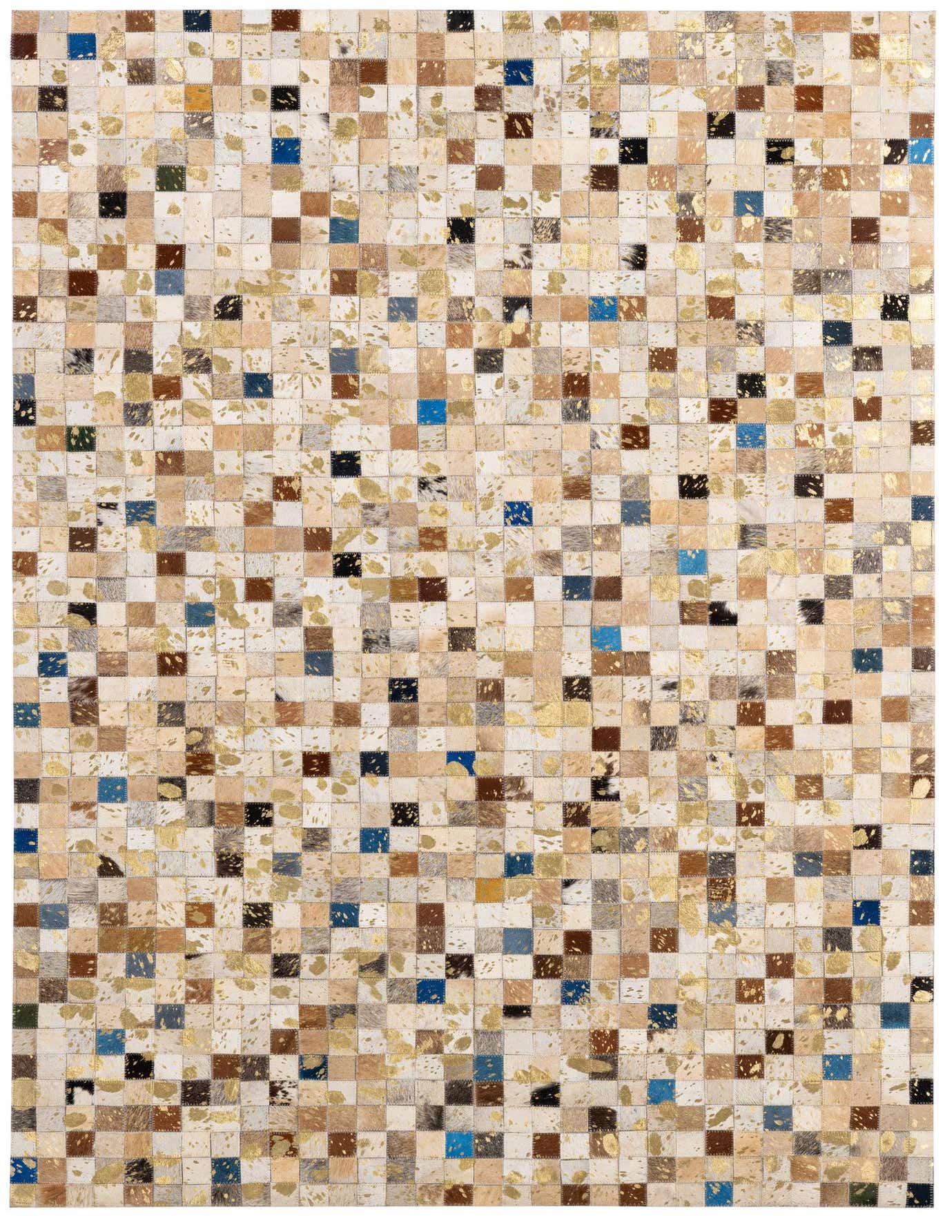 A 4x6 rectangular patchwork cowhide rug featuring multi-colored squares with gold metallic accents, ideal for a modern living room.