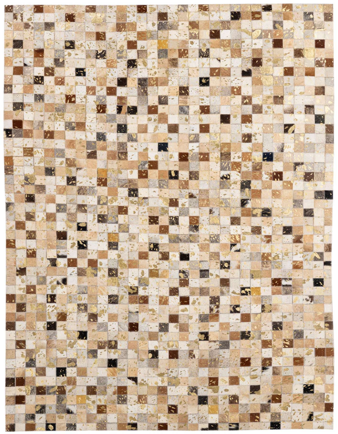 A rectangular 4x6 multi-colored cowhide patchwork rug with a modern design, featuring small squares of natural hide in various shades of brown, beige, and black, some with gold metallic splatters, suitable for a living room or bedroom.
