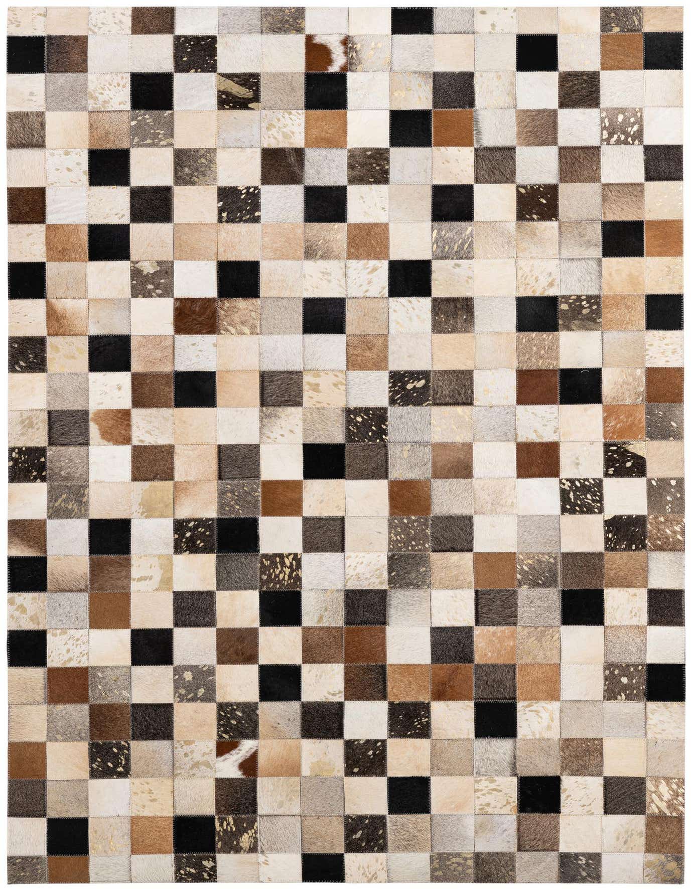 A 4x6 rectangular patchwork cowhide rug featuring a checkerboard pattern of multi-colored squares in shades of brown, black, white, and beige, with some squares having gold metallic accents.