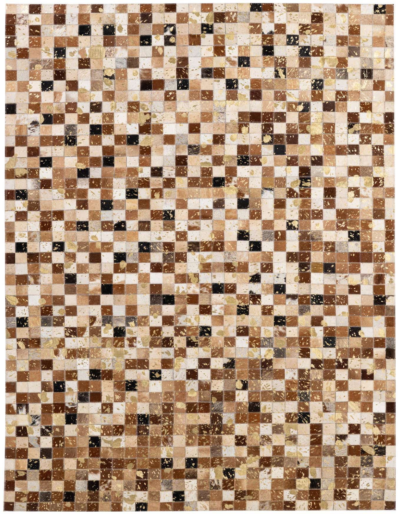 A 4x6 rectangular patchwork cowhide rug featuring a modern pattern of multi-colored squares with gold speckles.