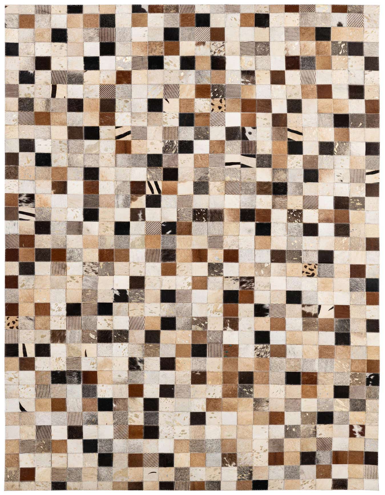 A 4x6 rectangular patchwork cowhide rug featuring a modern design with squares of multi-colored natural cowhide and leather.