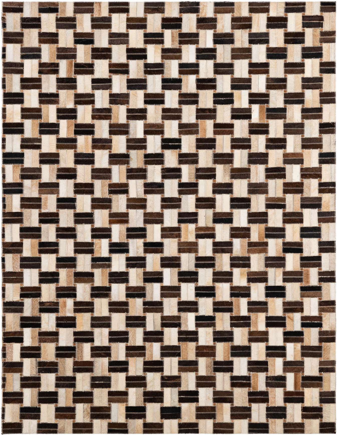 A 4x6 rectangular rug featuring a modern patchwork stripe pattern made from multi-colored cowhide and leather.