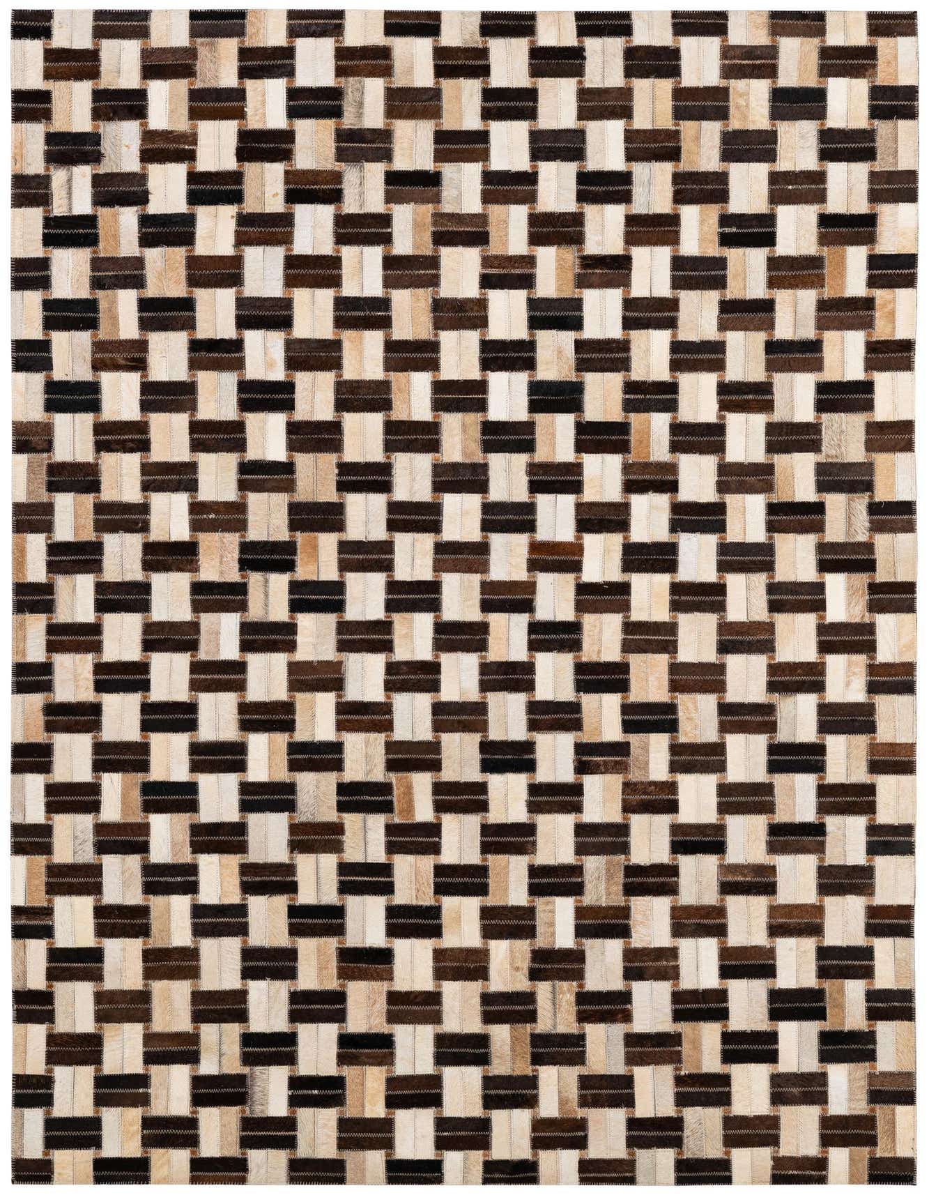 A 4x6 rectangular Cowhide Patchwork rug featuring a modern weave of multi-colored natural cowhide and leather strips, perfect for a living room.
