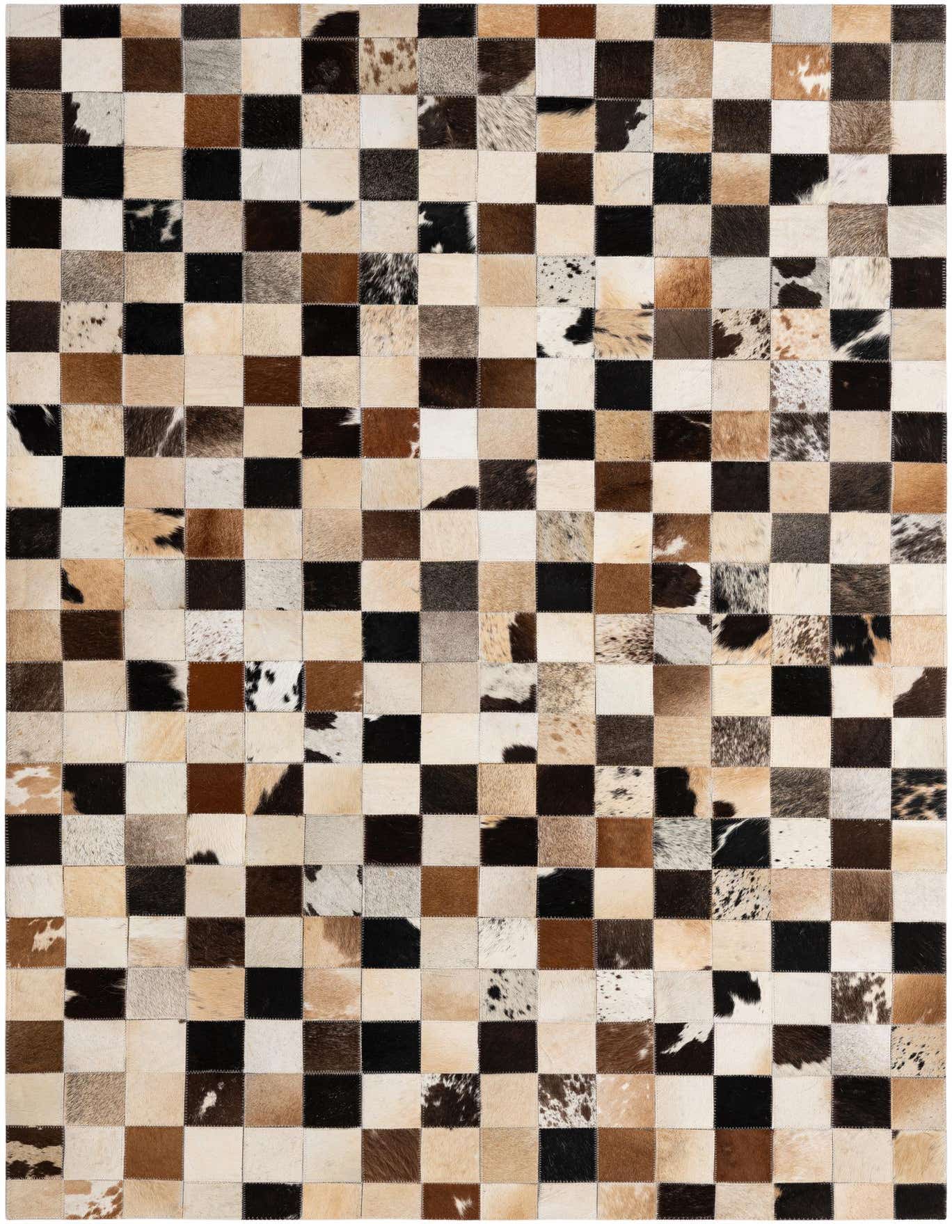 A 4x6 rectangular patchwork cowhide rug featuring a modern checkerboard pattern in various shades of brown, black, and white.