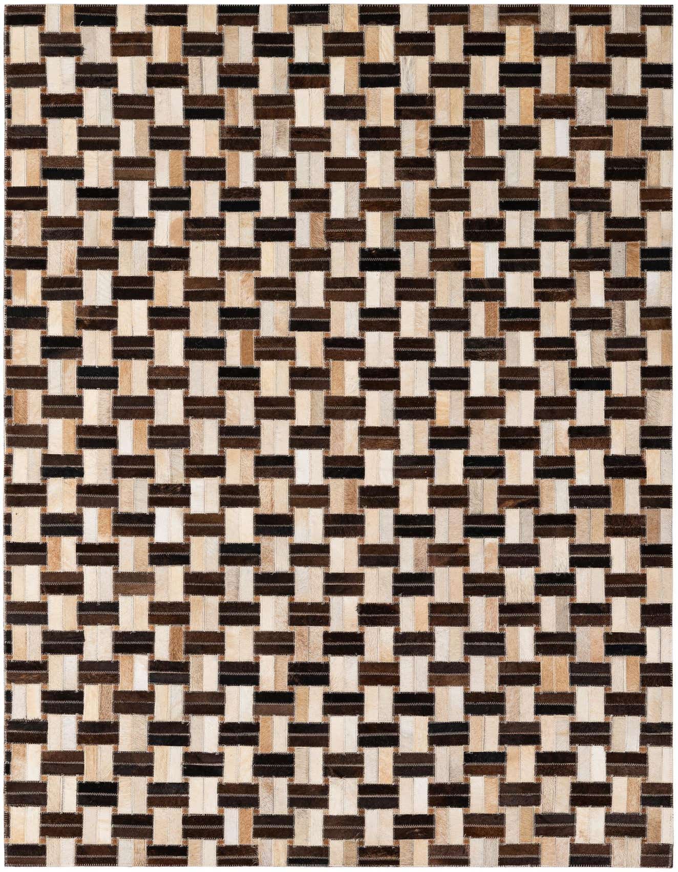 A 4x6 rectangular patchwork cowhide rug with a modern stripe pattern in varying shades of brown, black, and cream.