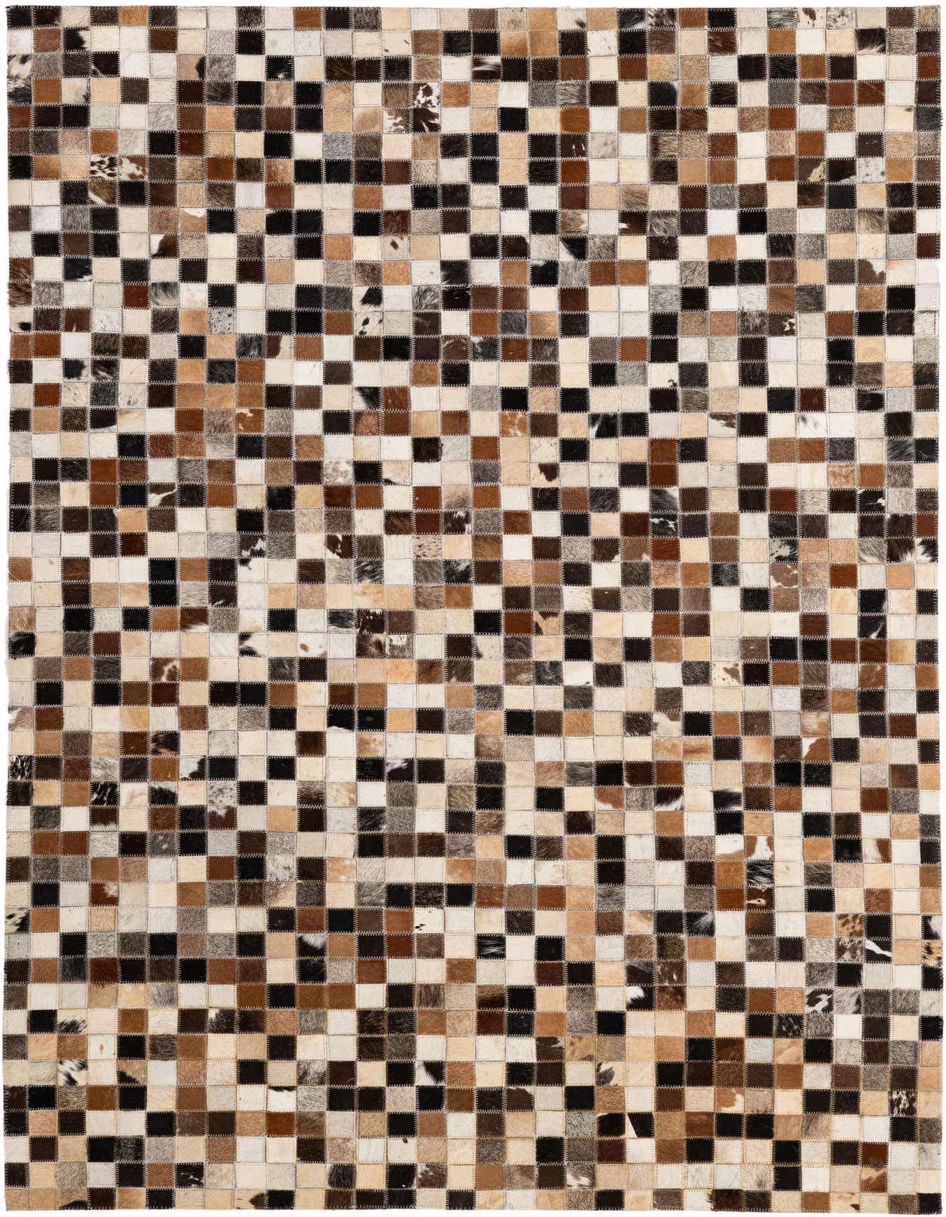 A 4x6 rectangular patchwork cowhide rug with a modern checkerboard pattern in various shades of brown, black, and white.