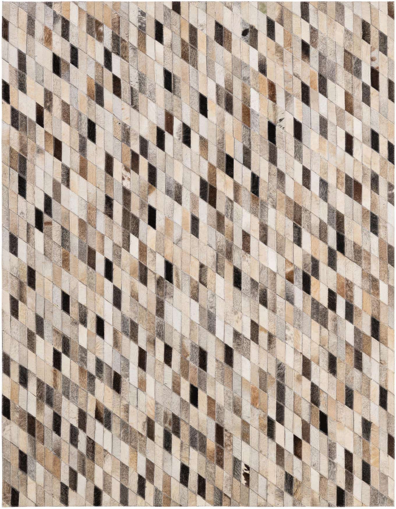 A 4x6 rectangular cowhide rug featuring a modern stripe pattern in various natural brown, beige, cream, and black tones.