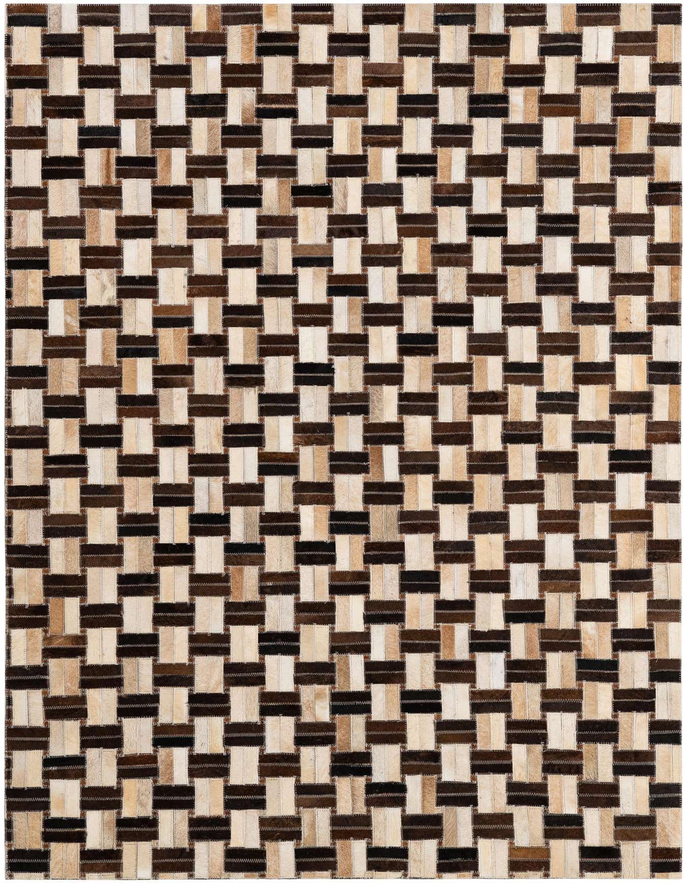 A 4x6 rectangular patchwork cowhide rug featuring a woven pattern of light beige, brown, and black strips, ideal for a modern living room.