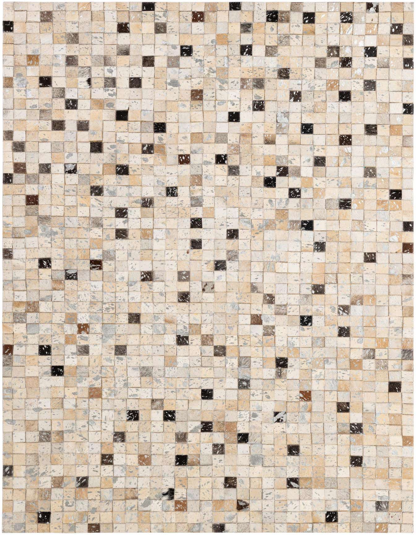 A 4x6 rectangular patchwork cowhide rug featuring a modern pattern of multi-colored squares in various natural tones.
