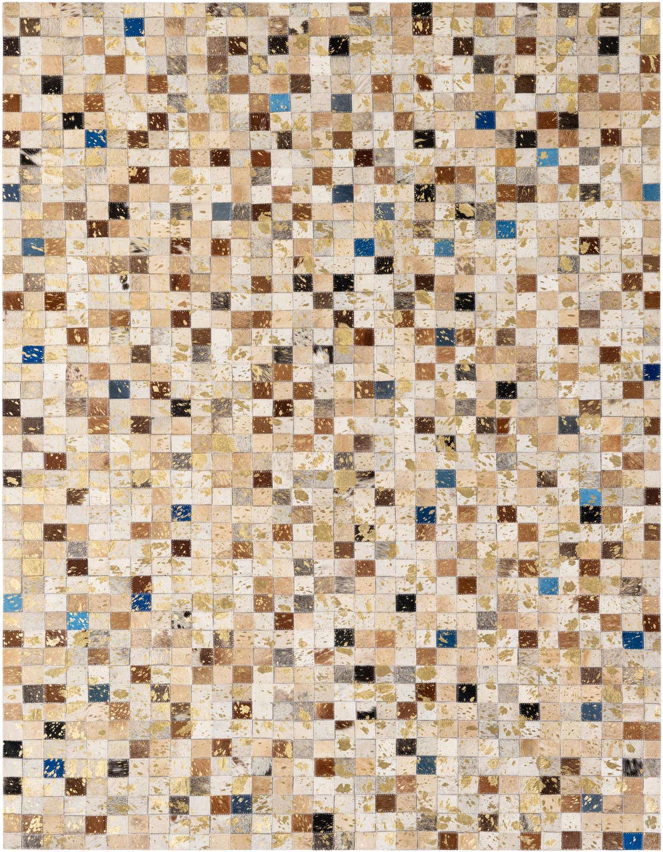 A 4x6 rectangular patchwork cowhide rug featuring a modern design with multi-colored squares and gold metallic accents.