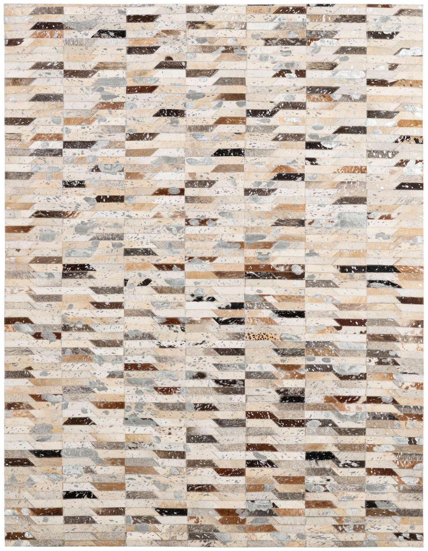 A 4x6 rectangular multi-colored cowhide rug with a modern stripe patchwork pattern, ideal for a living room.