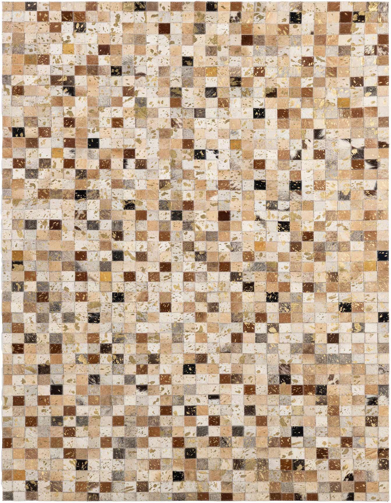 A 4x6 rectangular patchwork cowhide rug featuring a modern pattern of multi-colored squares with gold accents.