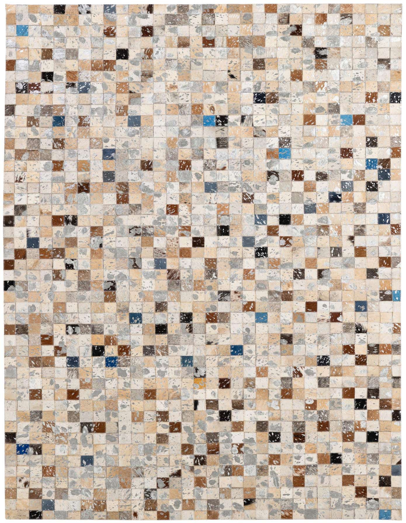 A 4x6 rectangular patchwork cowhide rug featuring squares of multi-colored natural hide in shades of brown, beige, gray, black, and blue.