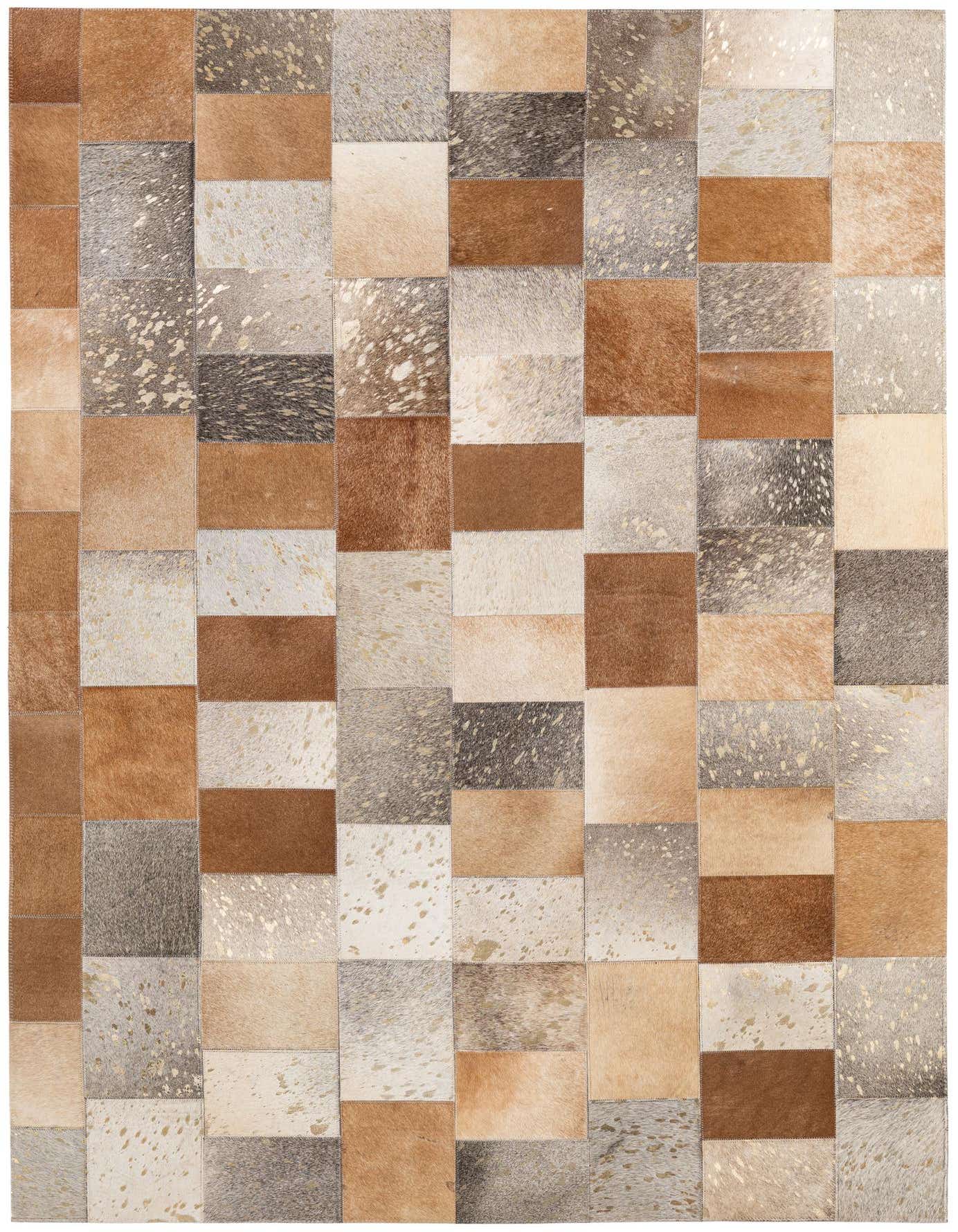 A 4x6 rectangular patchwork cowhide rug featuring squares of brown, tan, cream, and grey with metallic gold speckles.