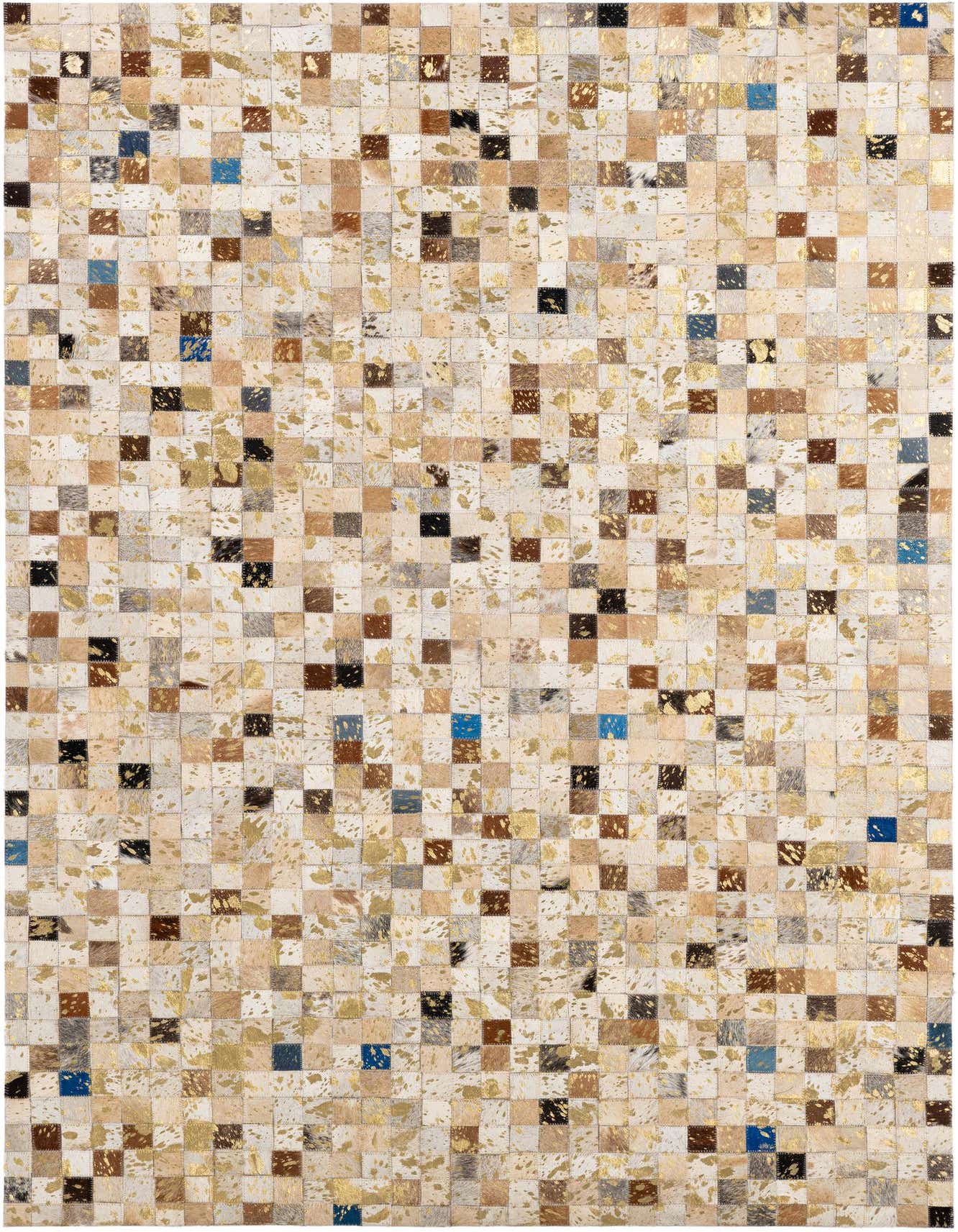 A 4x6 rectangular patchwork cowhide rug featuring multi-colored squares with gold metallic accents, perfect for a modern living room.