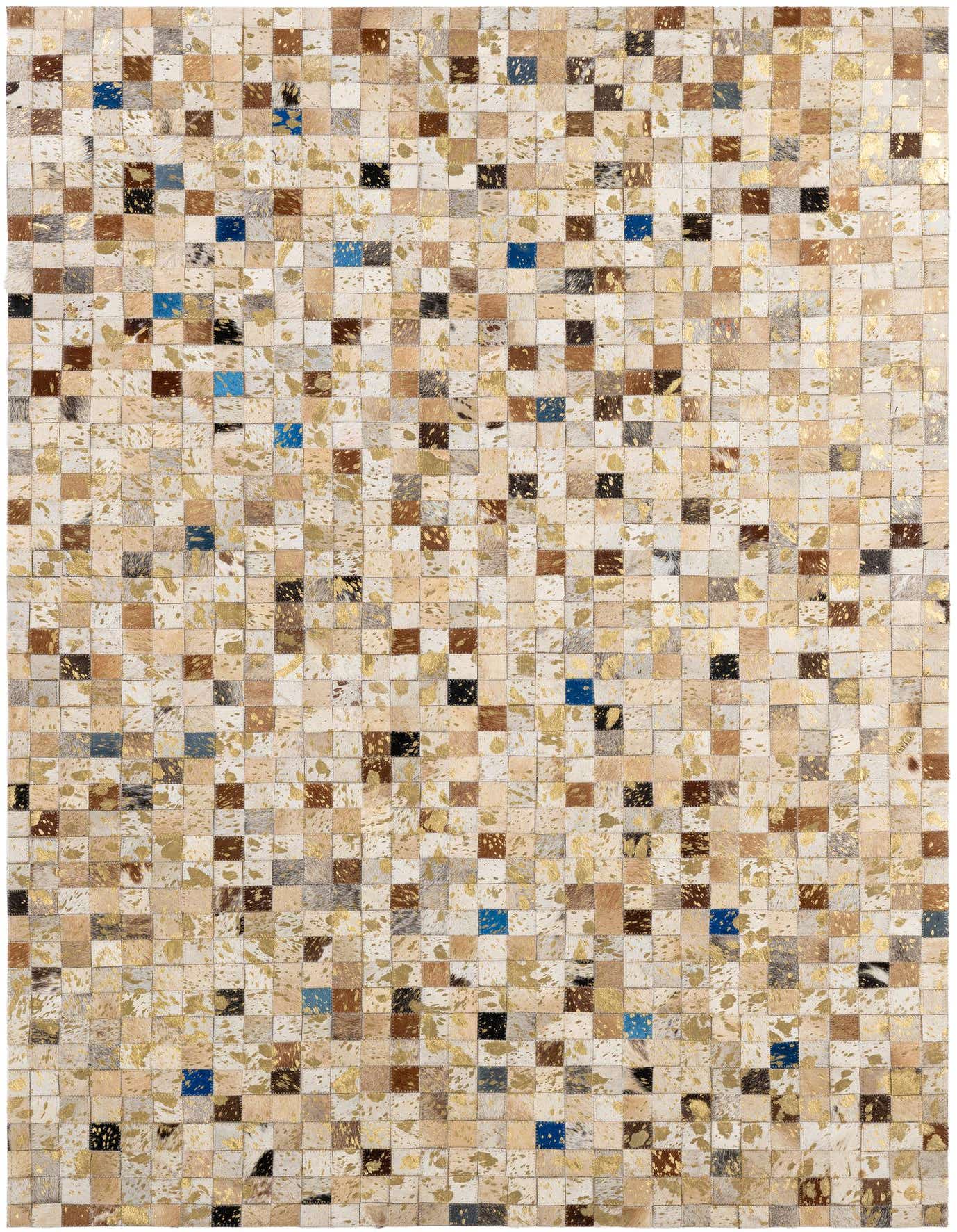 A 4x6 rectangular patchwork cowhide rug featuring a modern pattern of multi-colored squares with metallic gold accents.