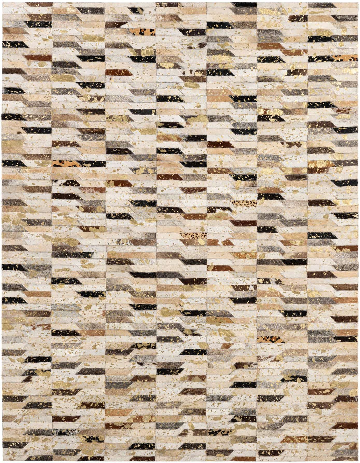 A rectangular 4x6 multi-colored cowhide patchwork rug with a modern stripe pattern, featuring shades of brown, black, beige, and gold.