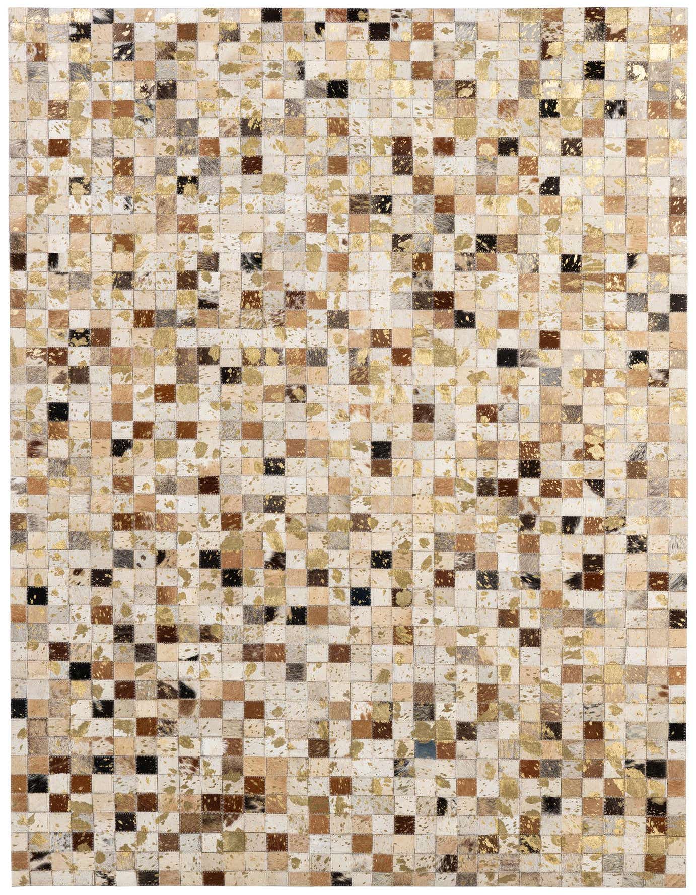 A rectangular 4x6 modern cowhide rug with a patchwork design in multi-colored squares, featuring natural hide tones and metallic gold accents.