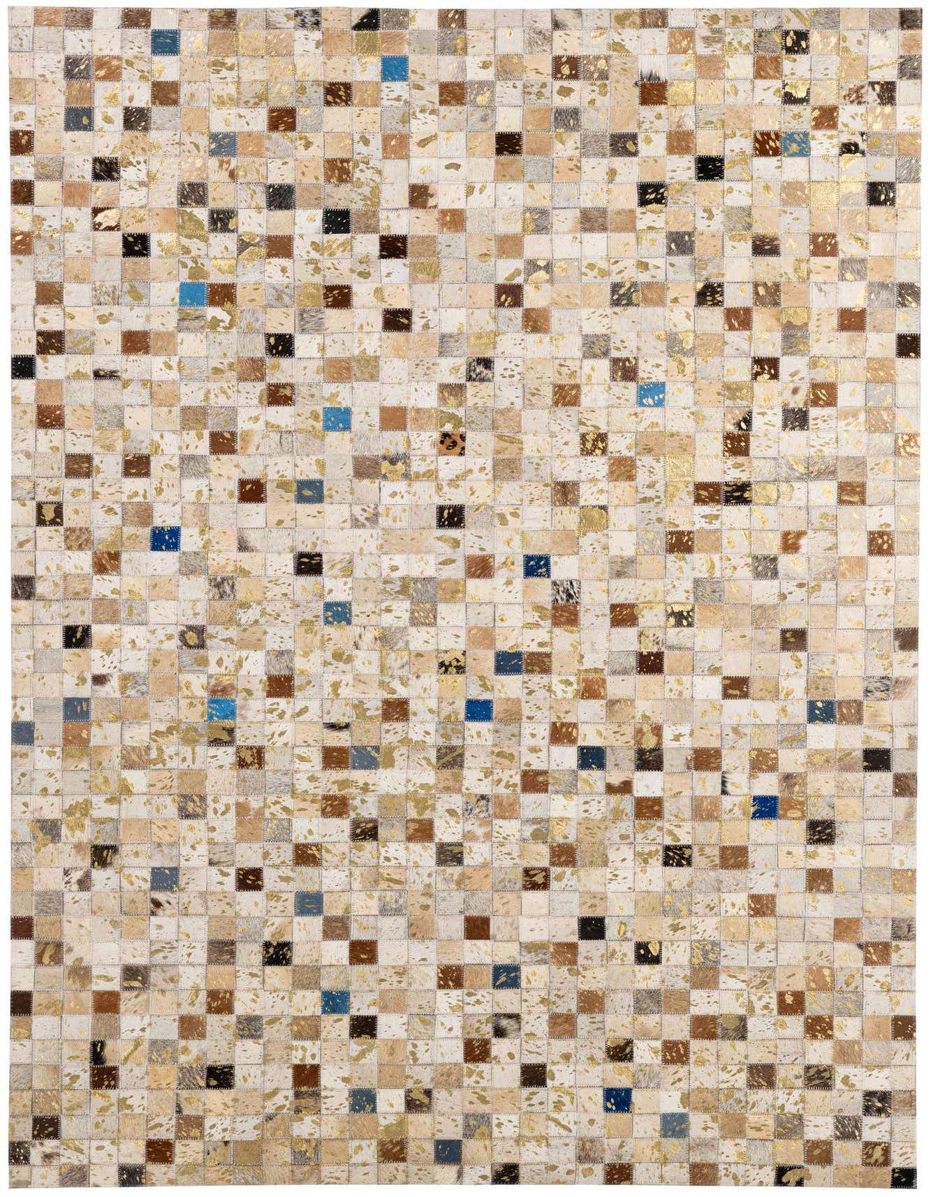 A 4x6 rectangular patchwork cowhide rug featuring a modern pattern of multi-colored squares with gold accents.