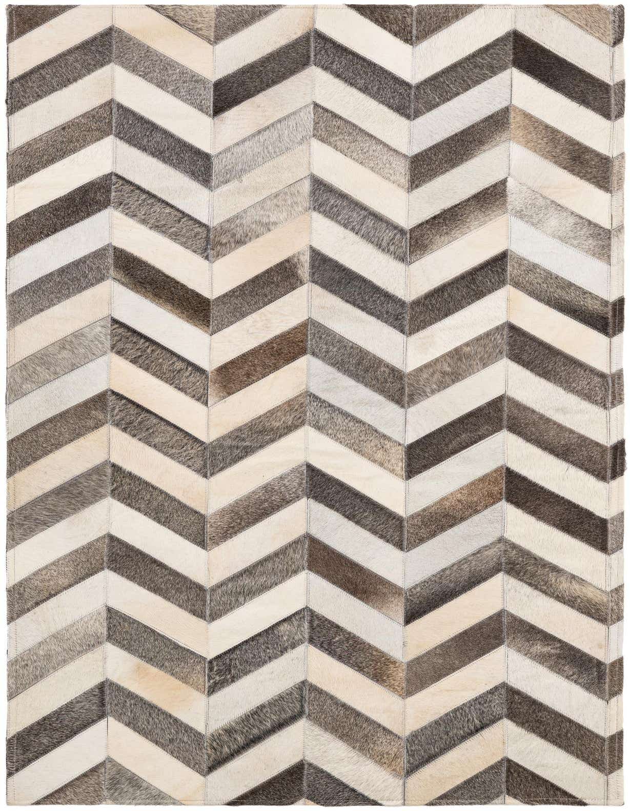 A 3x5 rectangular cowhide rug featuring a modern chevron pattern in various shades of brown, grey, and cream.