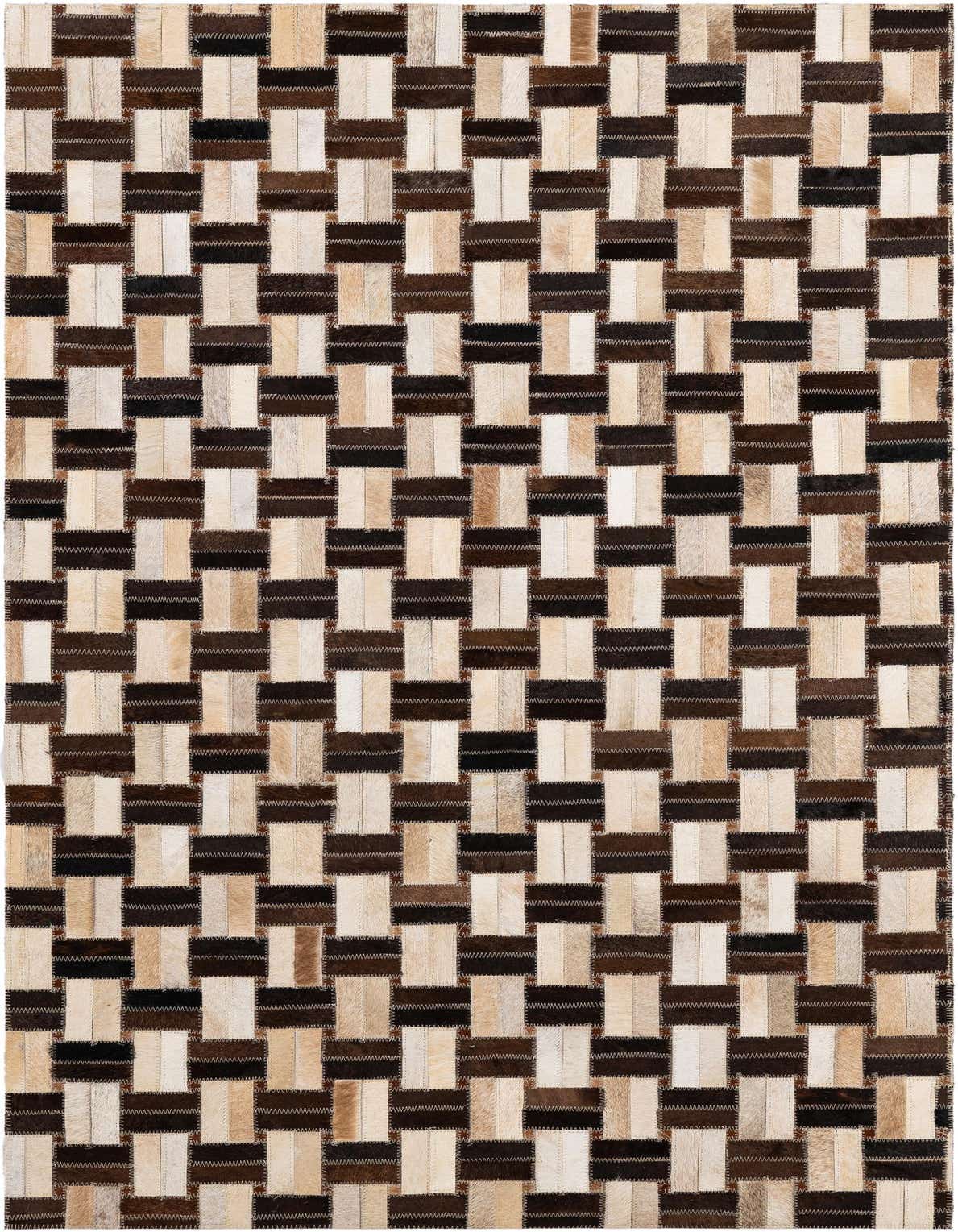 A 3x5 rectangular patchwork cowhide rug featuring a modern stripe pattern in varying shades of brown, black, and cream.