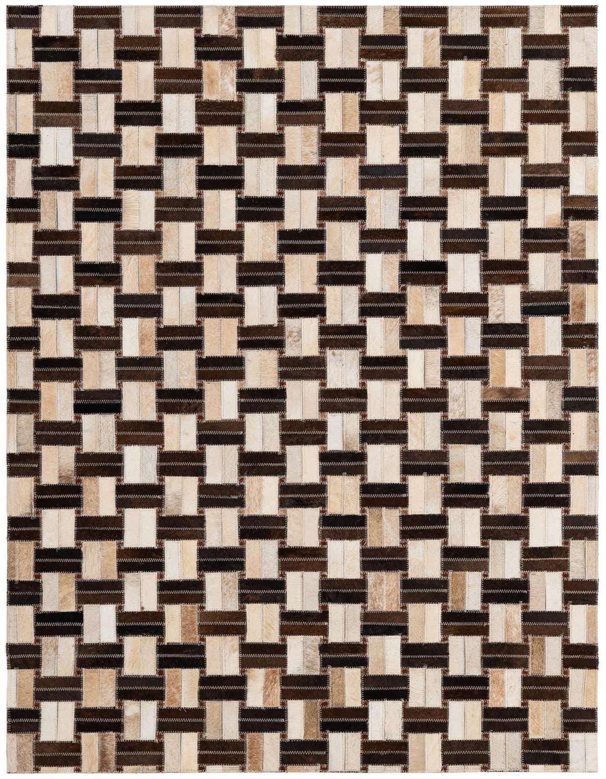 A 3x5 rectangular Cowhide Patchwork rug with a modern stripe pattern in multi-colored natural cowhide and leather.