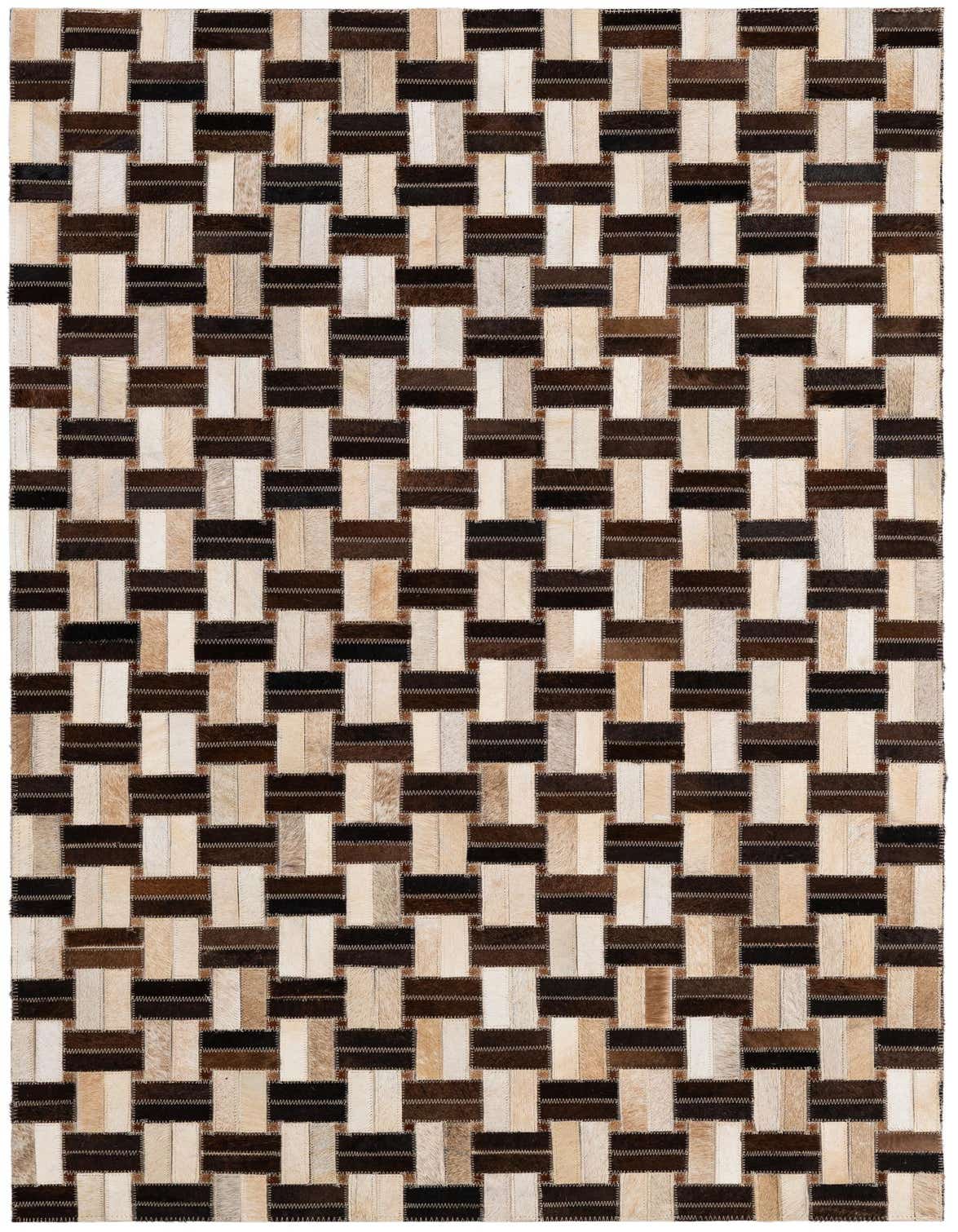A 3x5 rectangular Cowhide rug featuring a modern patchwork design in varying shades of brown, black, and cream.