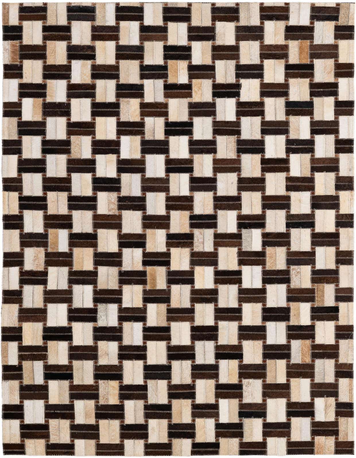 A 3x5 rectangular modern cowhide patchwork rug featuring a basketweave pattern in varying shades of brown, black, and cream.