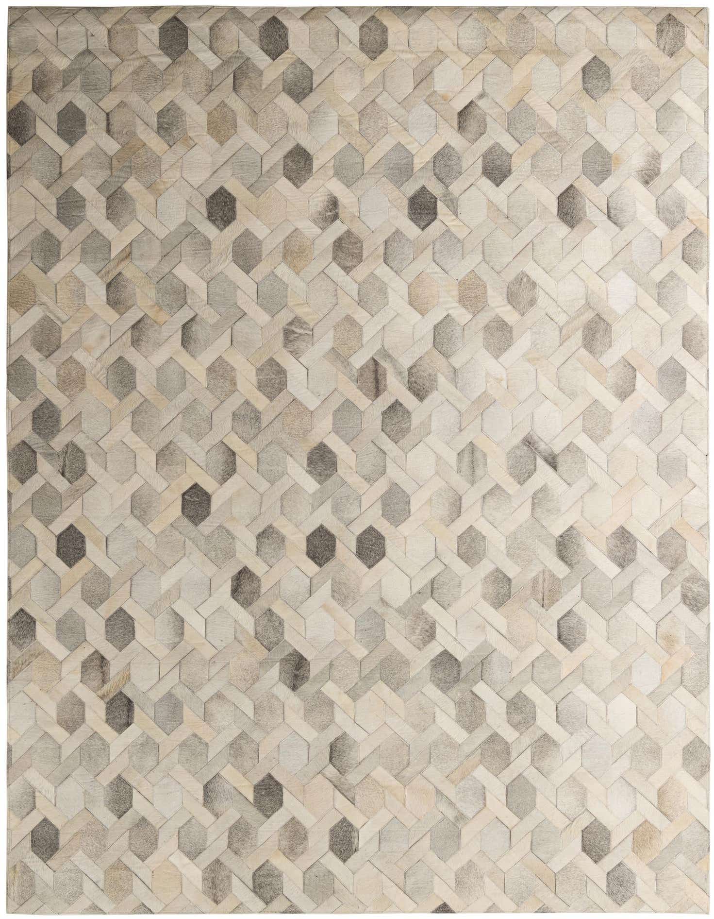 A rectangular 8x11 Cowhide Patchwork rug featuring a modern geometric pattern in various shades of grey, beige, and cream.
