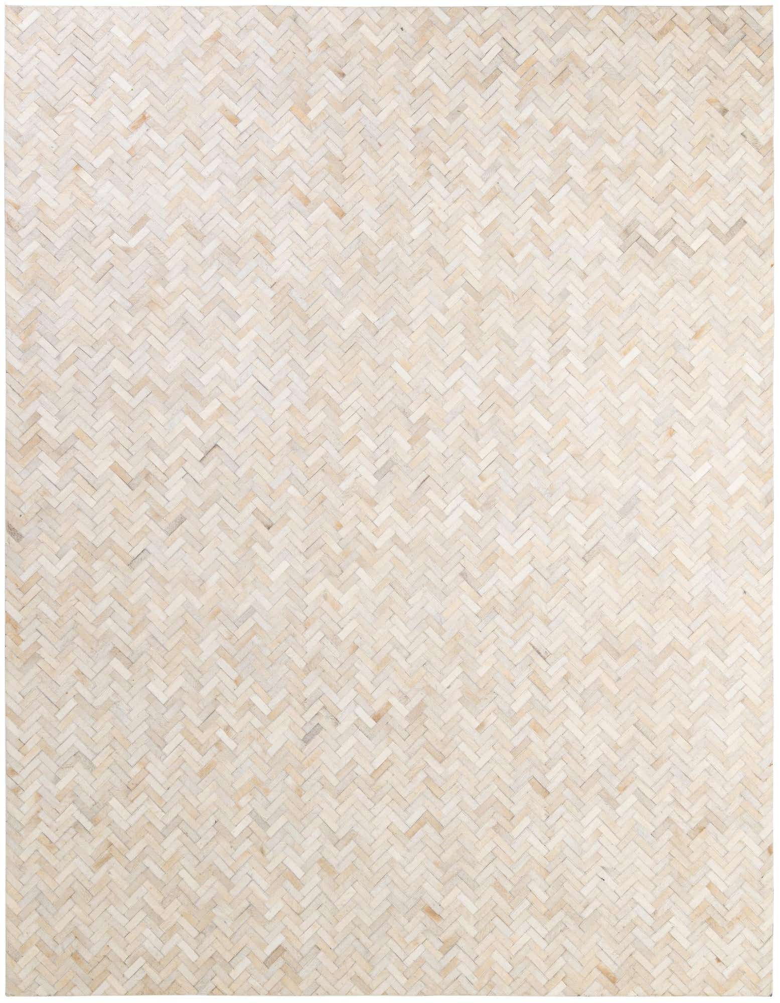 A rectangular 8x10 Cowhide & Leather rug featuring a modern patchwork herringbone pattern in multi-colored natural tones.