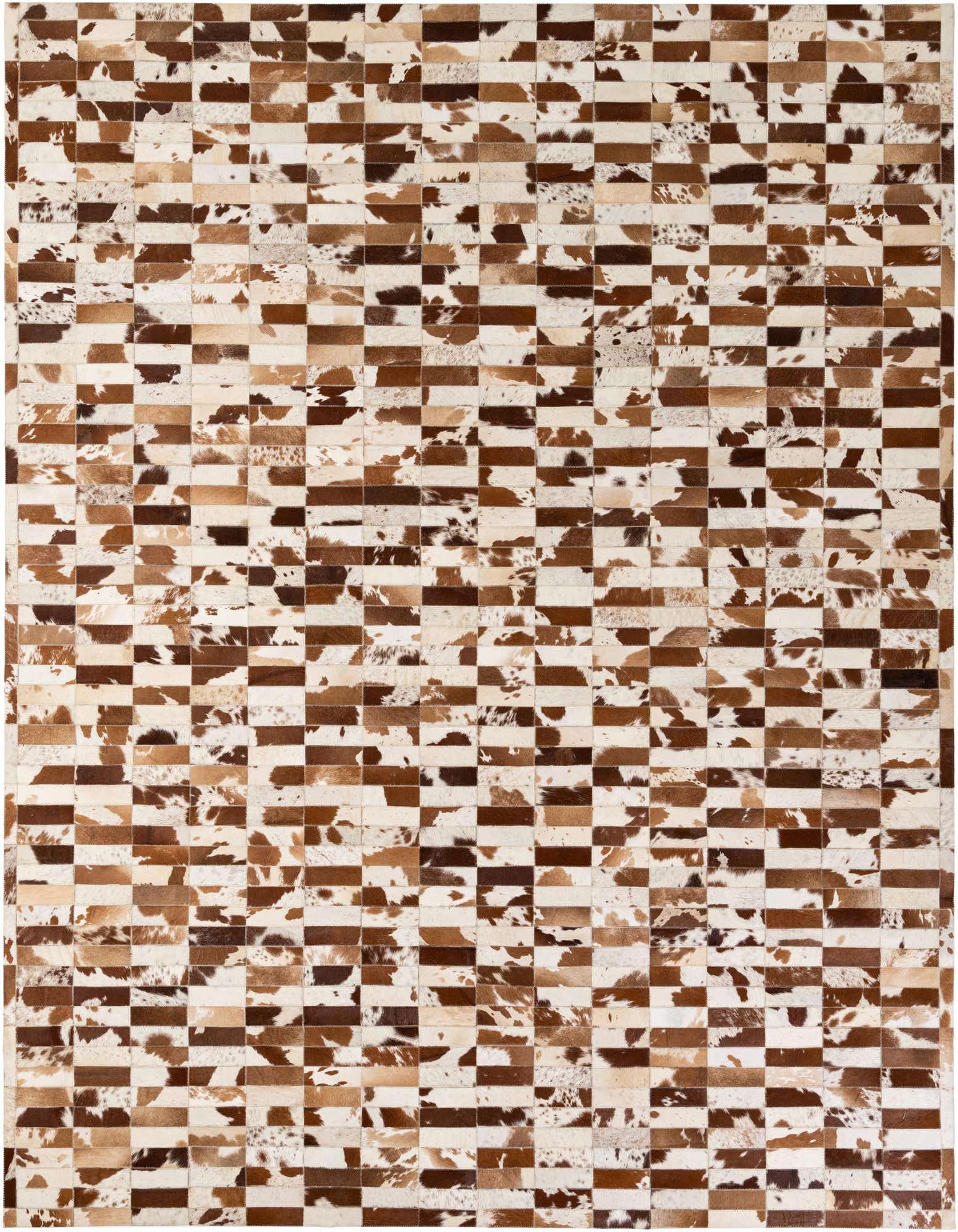 A rectangular 8x10 Cowhide Patchwork rug featuring a modern stripe pattern in various shades of brown, white, and cream.