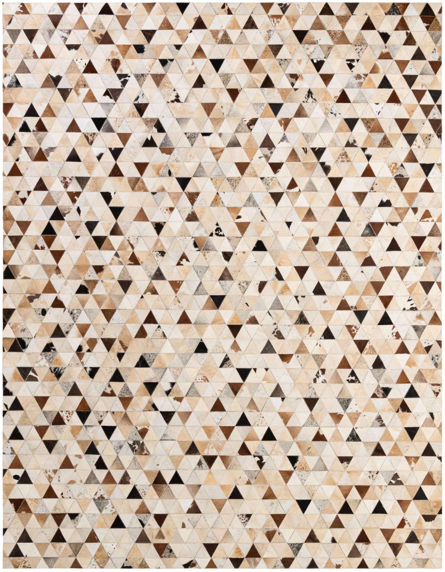 A rectangular 8x10 multi-colored modern cowhide rug with a geometric patchwork of various natural brown, beige, and black triangular leather pieces.