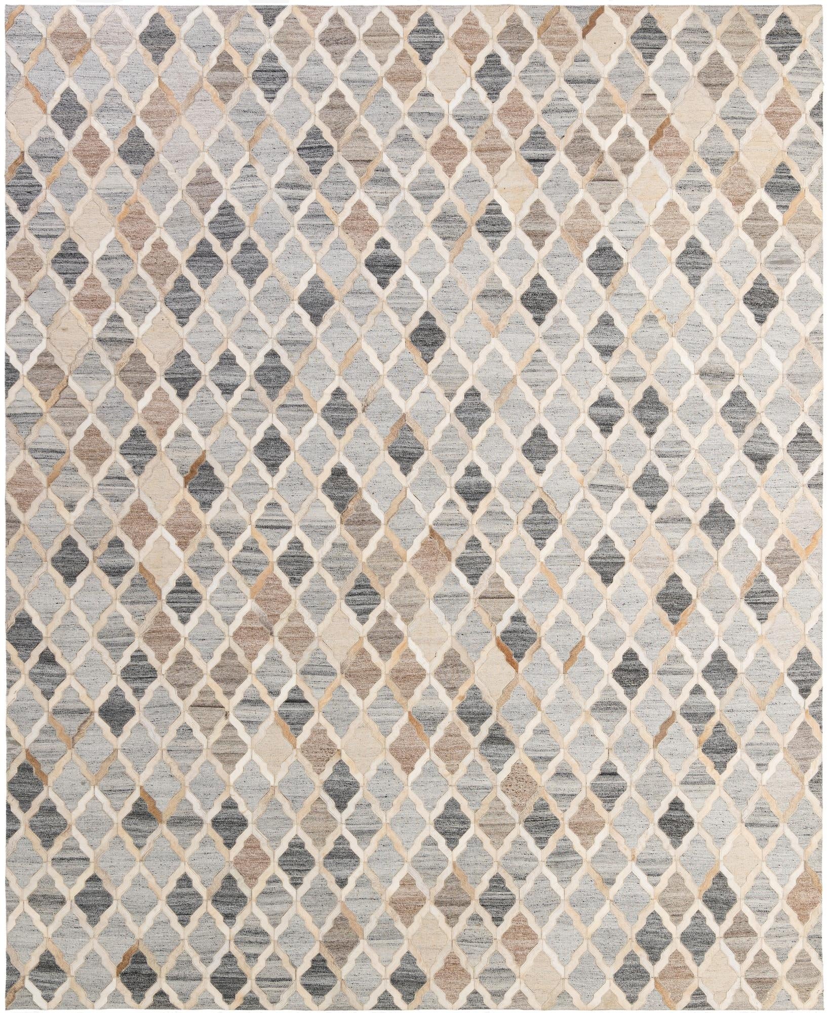A rectangular 8x10 Cowhide - Patchwork rug featuring a modern trellis pattern in multi-colored shades of grey, beige, and brown.