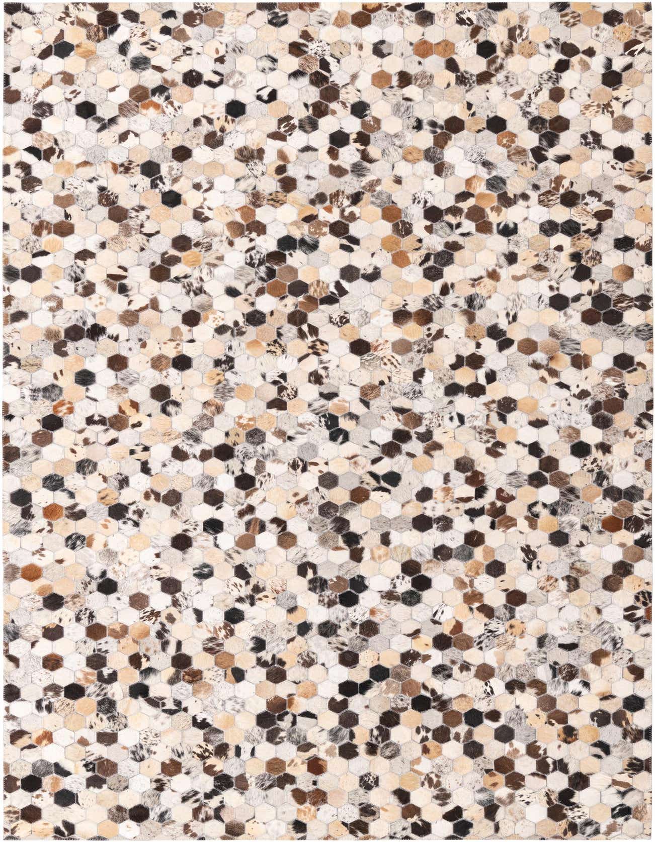 A 5x8 rectangular Cowhide Leather rug featuring a modern honeycomb pattern in multi-colored natural tones.