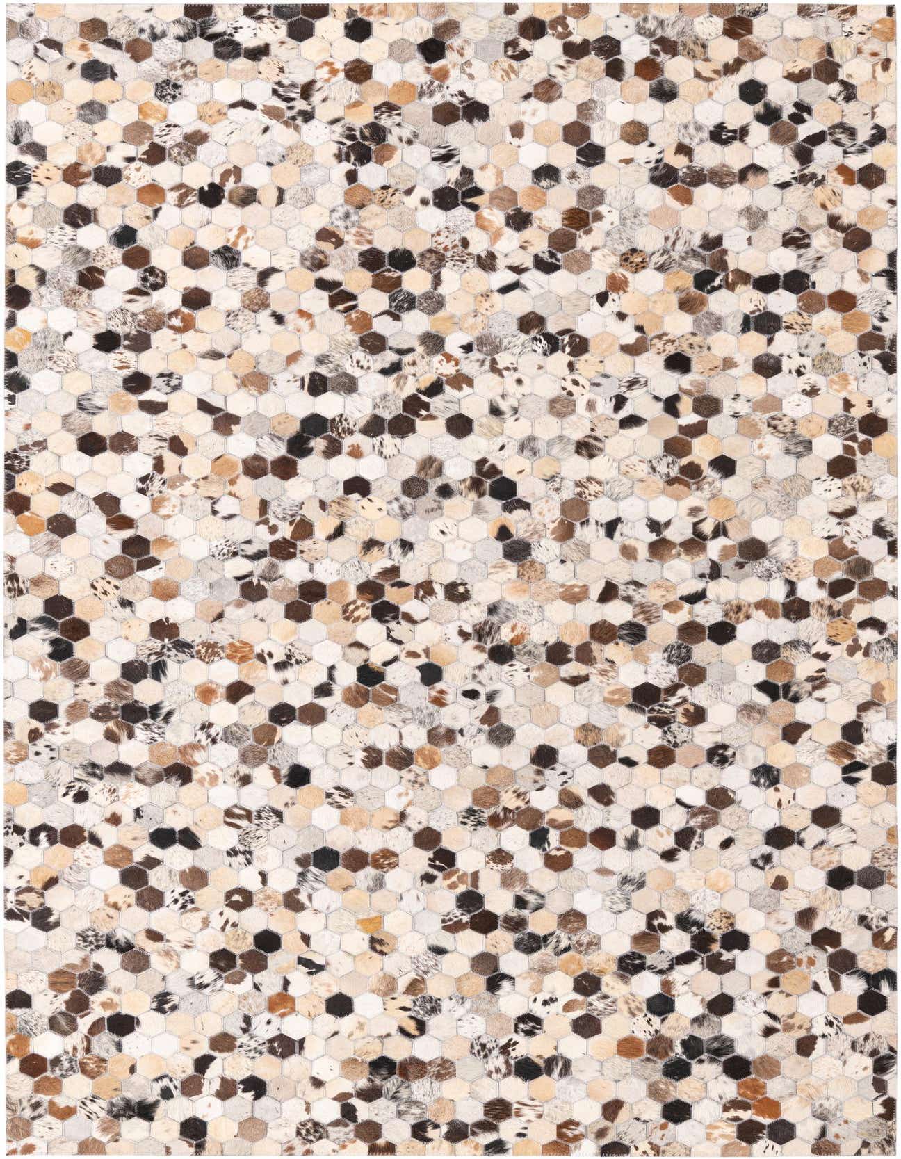 A 5x8 rectangular Cowhide Leather rug featuring a modern honeycomb pattern in multi-colored natural cowhide patches.