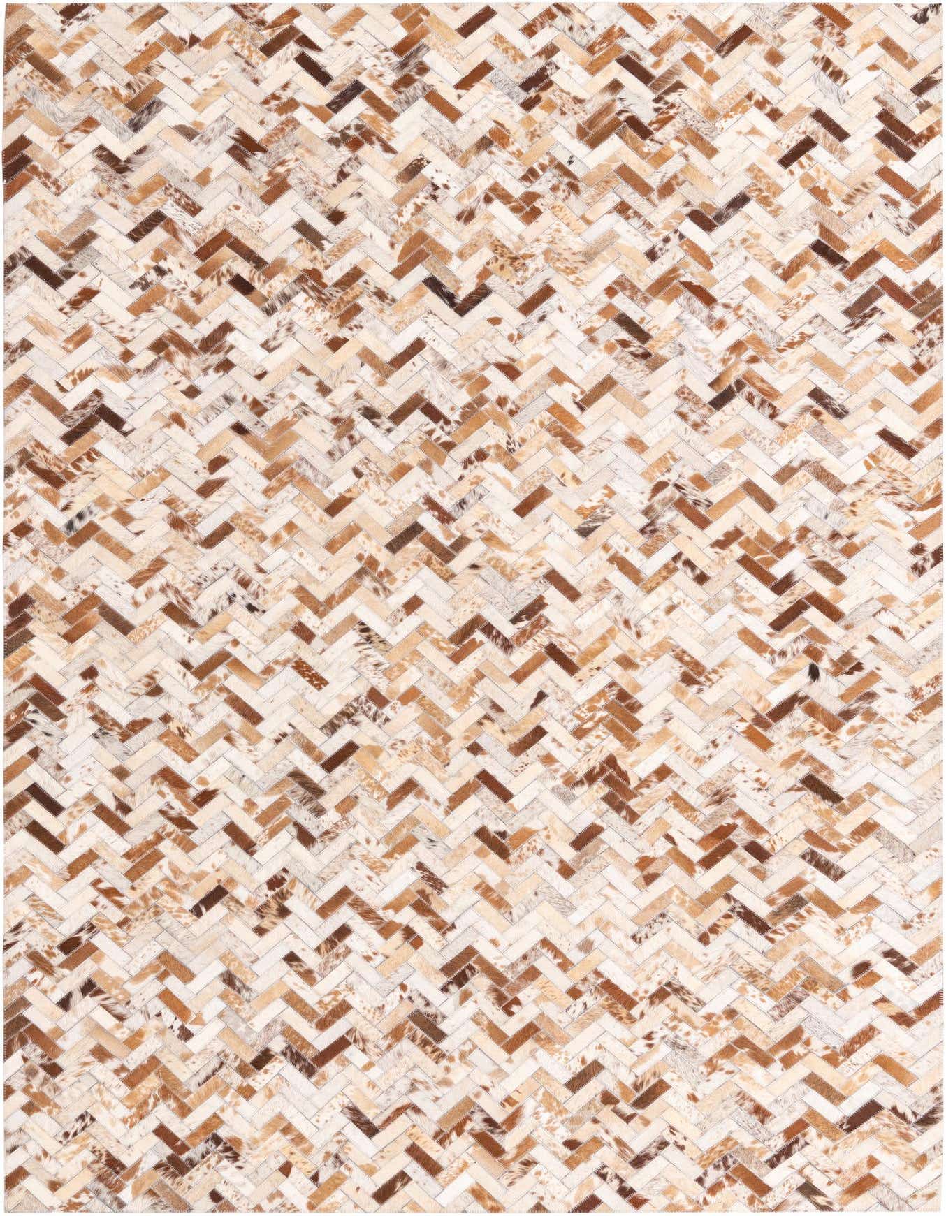 5x8 rectangular Cowhide Leather rug featuring a modern chevron pattern in multi-colored natural cowhide patches.