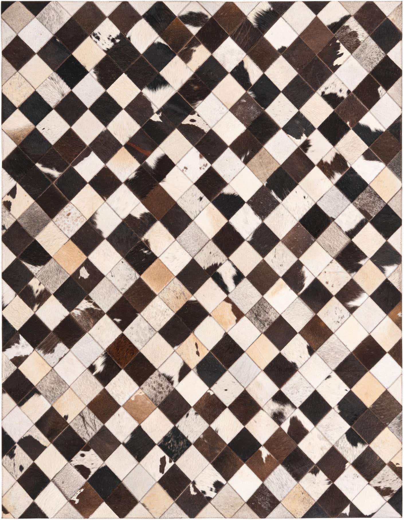 A 5x8 rectangular Cowhide Leather rug featuring a modern multi-colored diamond pattern, perfect for a living room.