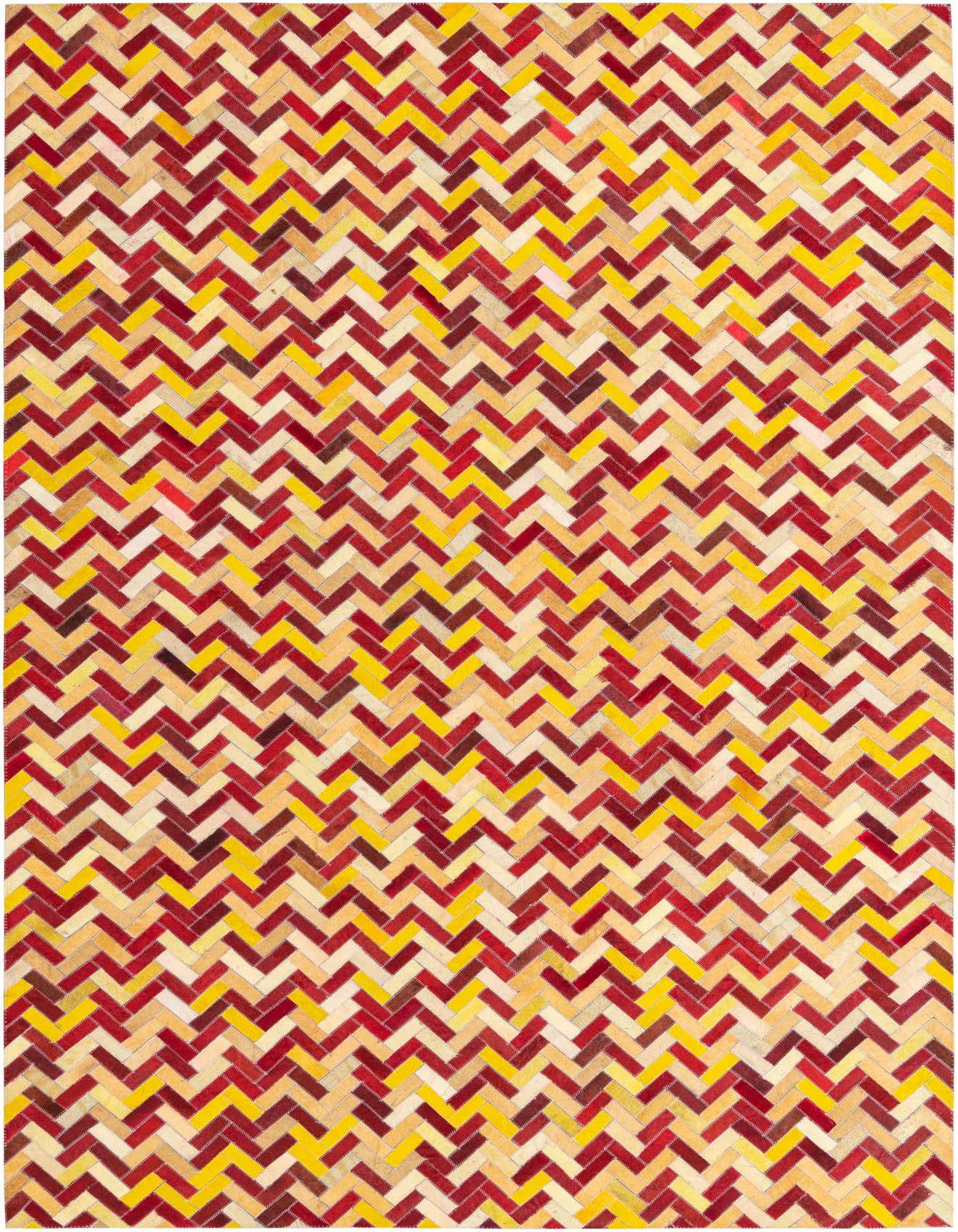 A 5x8 rectangular Cowhide Leather rug featuring a modern plaid pattern in vibrant multi-colored hues of red, yellow, and beige.