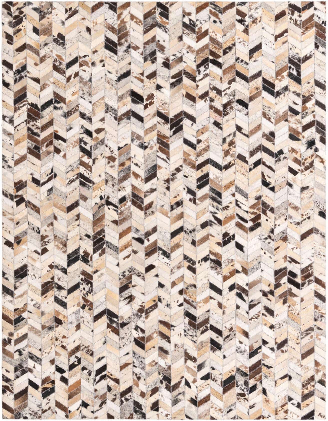 A rectangular 5x8 modern cowhide rug with a multi-colored chevron pattern in shades of brown, black, and cream.