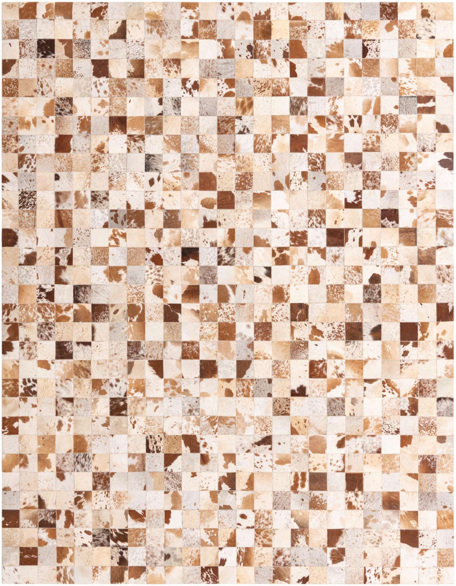 A rectangular 8x10 multi-colored cowhide leather rug featuring a modern patchwork pattern of natural brown, tan, and white squares.