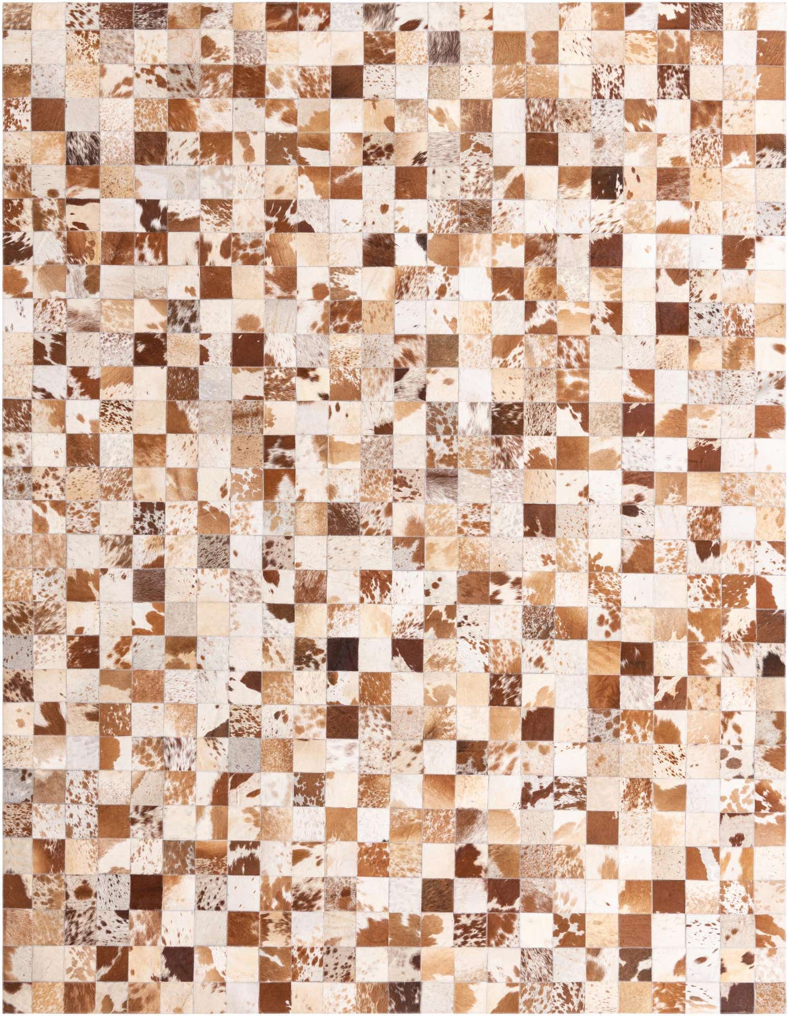 A rectangular 8x10 Cowhide Leather rug featuring a modern patchwork design in various shades of brown, tan, and white.