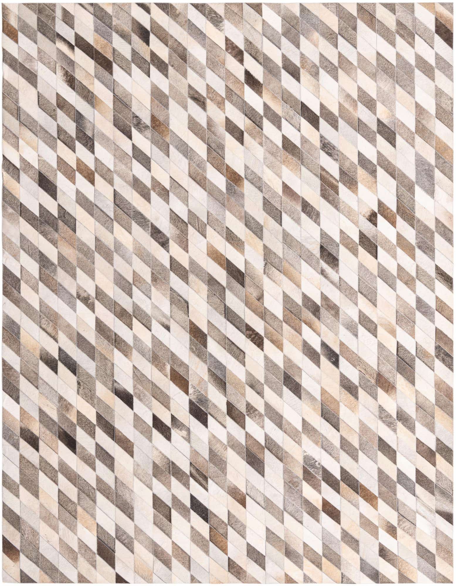 A rectangular 8x10 Cowhide Leather rug featuring a modern geometric pattern of multi-colored diagonal stripes in various shades of brown, beige, and white.