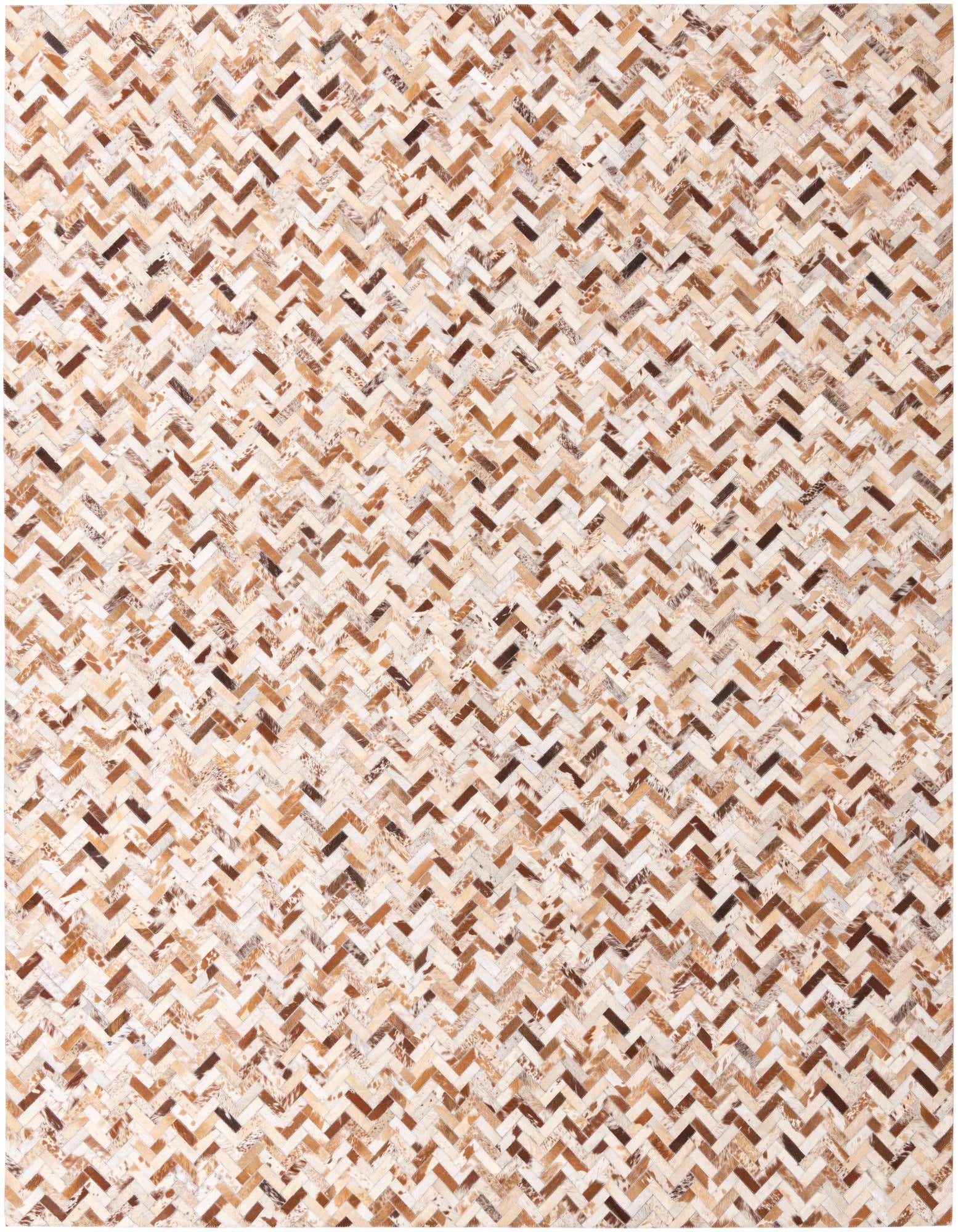 A rectangular 8x10 Cowhide Leather rug featuring a modern multi-colored herringbone pattern in various shades of brown and white.